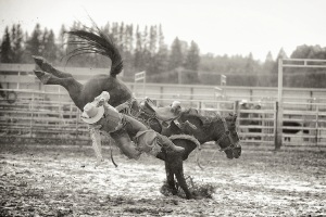 Pictorialist B&W photo of a cowboy falling off a horse at a rodeo.